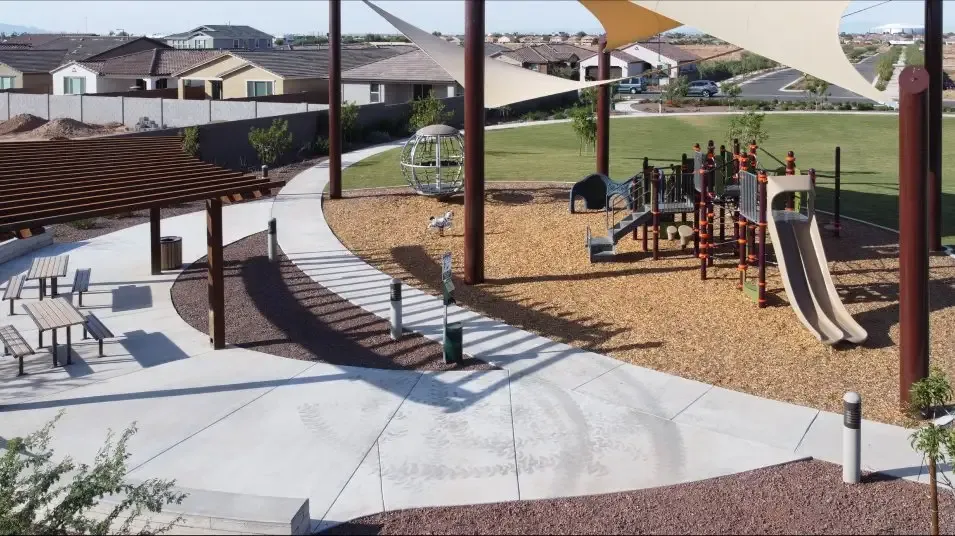 Aerial view of a Western Enclave playground and pergola